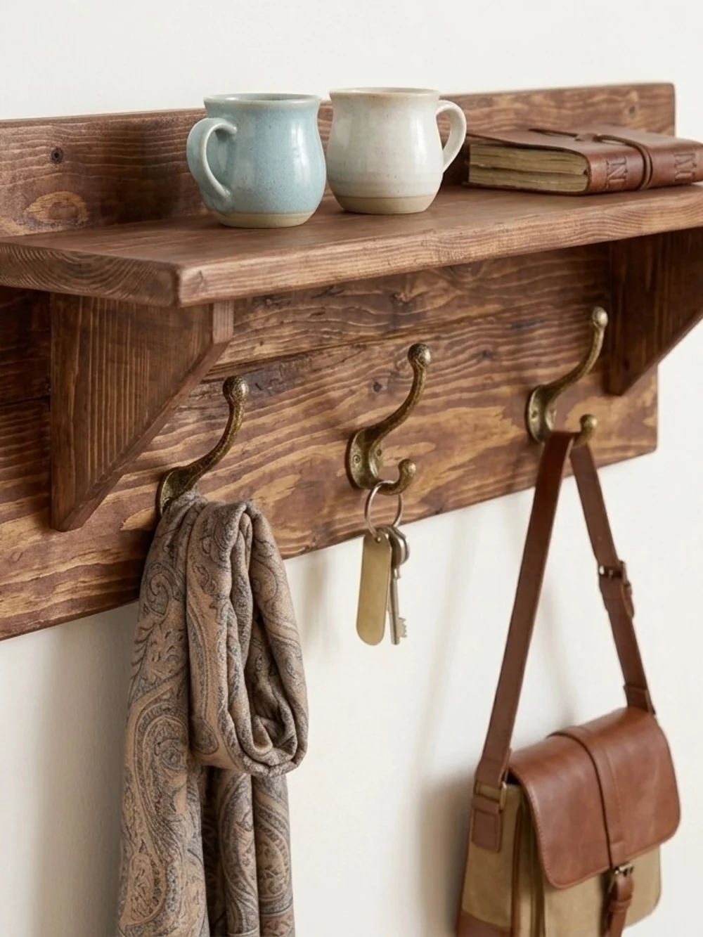 Rustic Reclaimed Wood Entryway Shelf with Hooks & Display Ledge